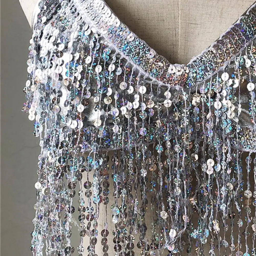 Belly Dancer Outfit Sequin Tassel Bra Top with Fringe Hip Scarf Set Sparkling Rave Party Costume for Women Girls