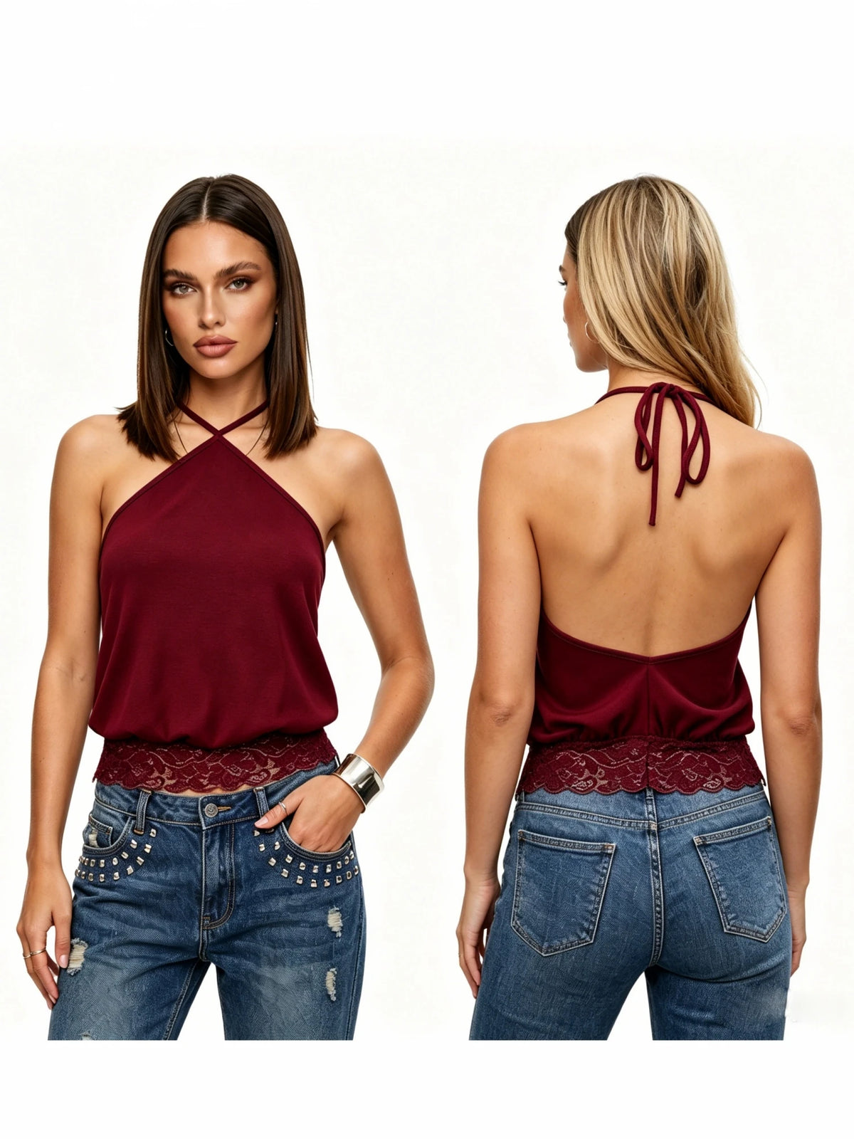 2026 Summer Women's Backless Lace Hem Tank Tops Slim Fit Halter Vest Daily Fashion Going Out Sleeveless Shirts