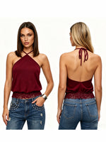 2026 Summer Women's Backless Lace Hem Tank Tops Slim Fit Halter Vest Daily Fashion Going Out Sleeveless Shirts