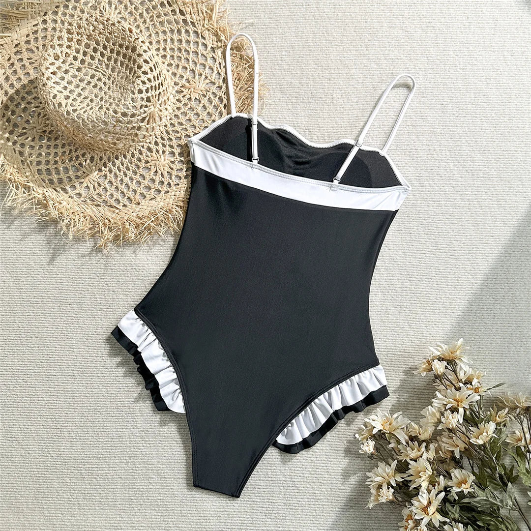 Ruffled Frilled Splicing One Piece Swimsuit Women Swimwear Female Monokini High Leg Cut Padded Bather Bathing Suit Swim V7414
