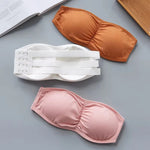 Women Ribbed Strapless Bandeau Bra Anti-Slip Ruched Tube Top Bra Removable Breathable Pads Adjustable Back Hooks One Size