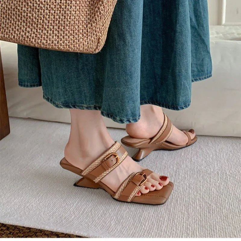 Vintage Braided Belt Buckle Open Toe Wedges Women's Summer New Square-toed High-heeled Slippers