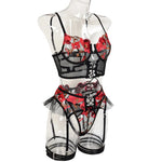 Toucheart 4-Piece Sexy Lingerie Set Women Embroidered Flower Straps Cross Hollow Out Mesh Patchwork Sexy Lace Up Bra Garters Set