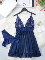 Transparent Blue Sexy Lingerie Women Underwear See Through Sleepwear Lace Nightdress And Panties Pijamas Set Adult Female Nighty