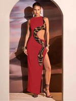 Snake Print Cut Out Slim Long Dress Women Fashion Sexy Package Hip Bodycon Slit Sleeveless Dresses Club Party Vestidos 2025 New