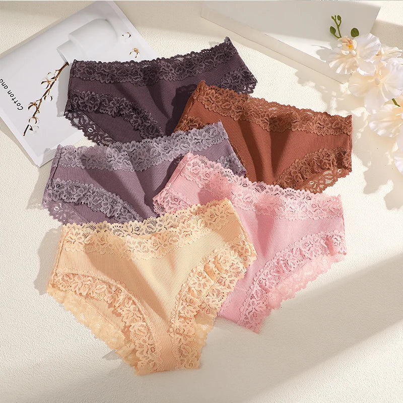 FINETOO 9Pcs/Set Women Lace Hipster Panties Cotton Briefs Soft Stretch Underwear for Ladies Mid Rise Lace Trim Briefs Breathable Multicolor Pantys No‑Show Daily Wear Women Underpants S‑XXL