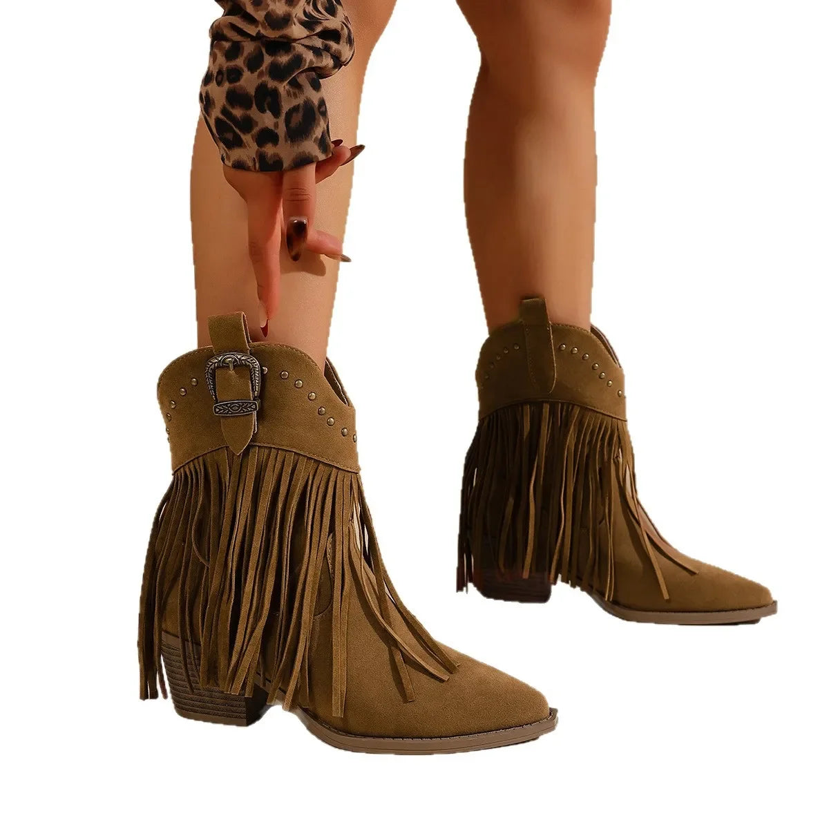 Women Ankle Boots AutumnSuede Chelsea Boots Pointed Toe Tassel High Heel Shoe Rivet Fashion Retro Cowboy Boots Botas Mujer