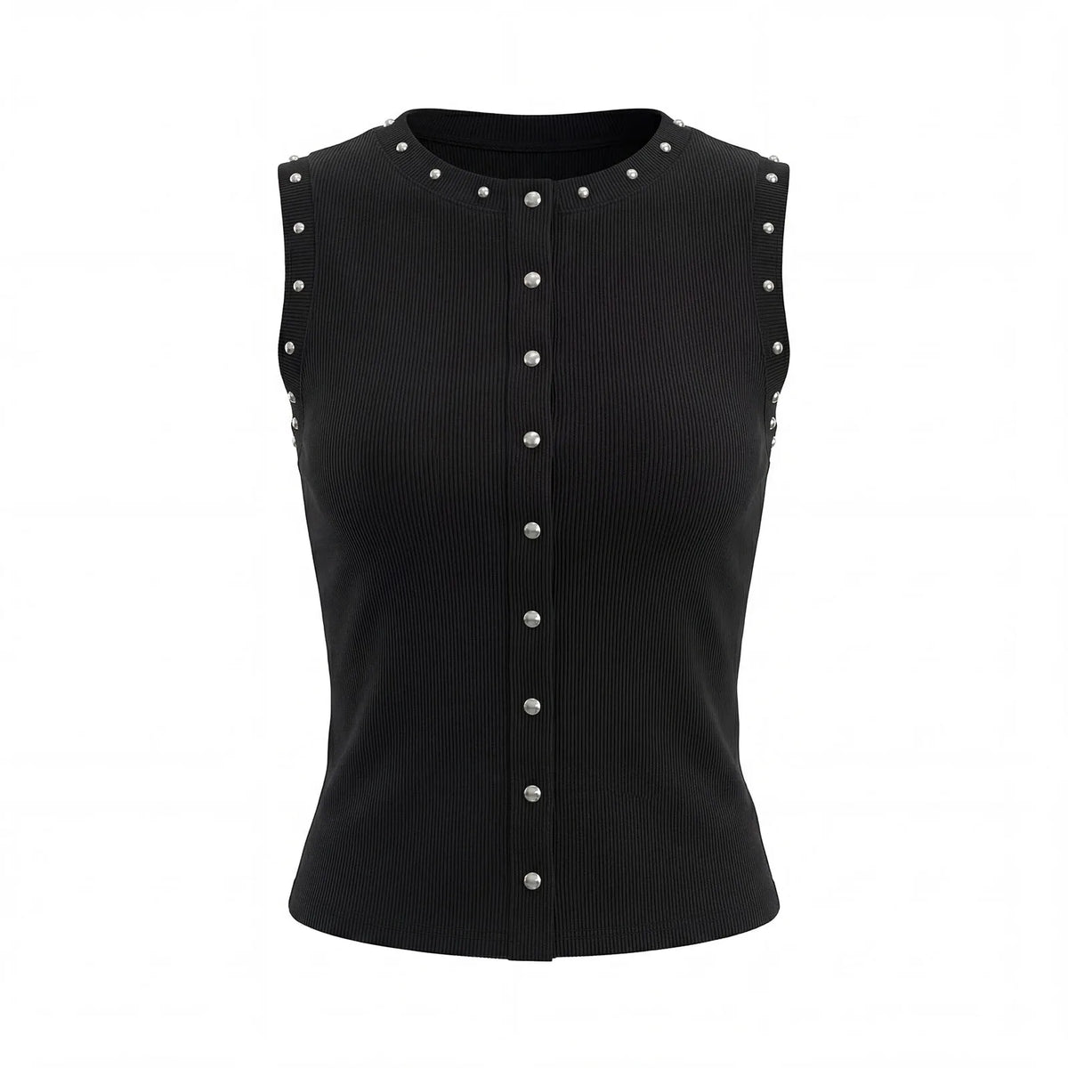 Summer Women's Studded Tank Tops Casual Stylish Button Down Crew Neck Slim Fit Sleeveless Vest Ribbed Gothic Punk Street