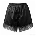 Summer Women’s Satin Lace Hem Shorts Elastic Waist Loose Fit Wide Leg Short Pants Casual Lounge Bottoms Solid Color