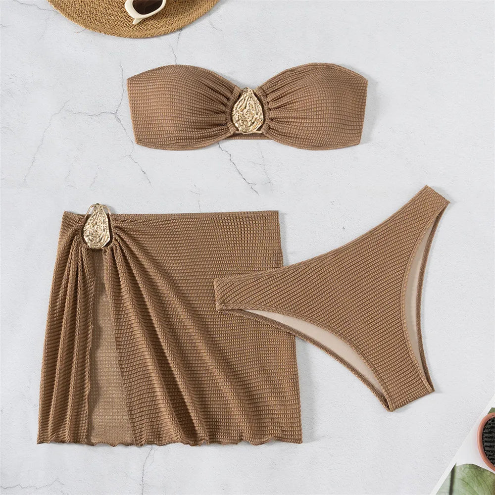 Brown Solid Swimwears Strapless Bandeau Bikinis Sets 3 Pieces Cover Up Sexy Swimsuit Woman 2026 Metal Buckled Bikini Beachwear