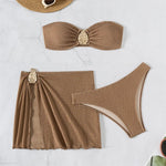 Brown Solid Swimwears Strapless Bandeau Bikinis Sets 3 Pieces Cover Up Sexy Swimsuit Woman 2026 Metal Buckled Bikini Beachwear