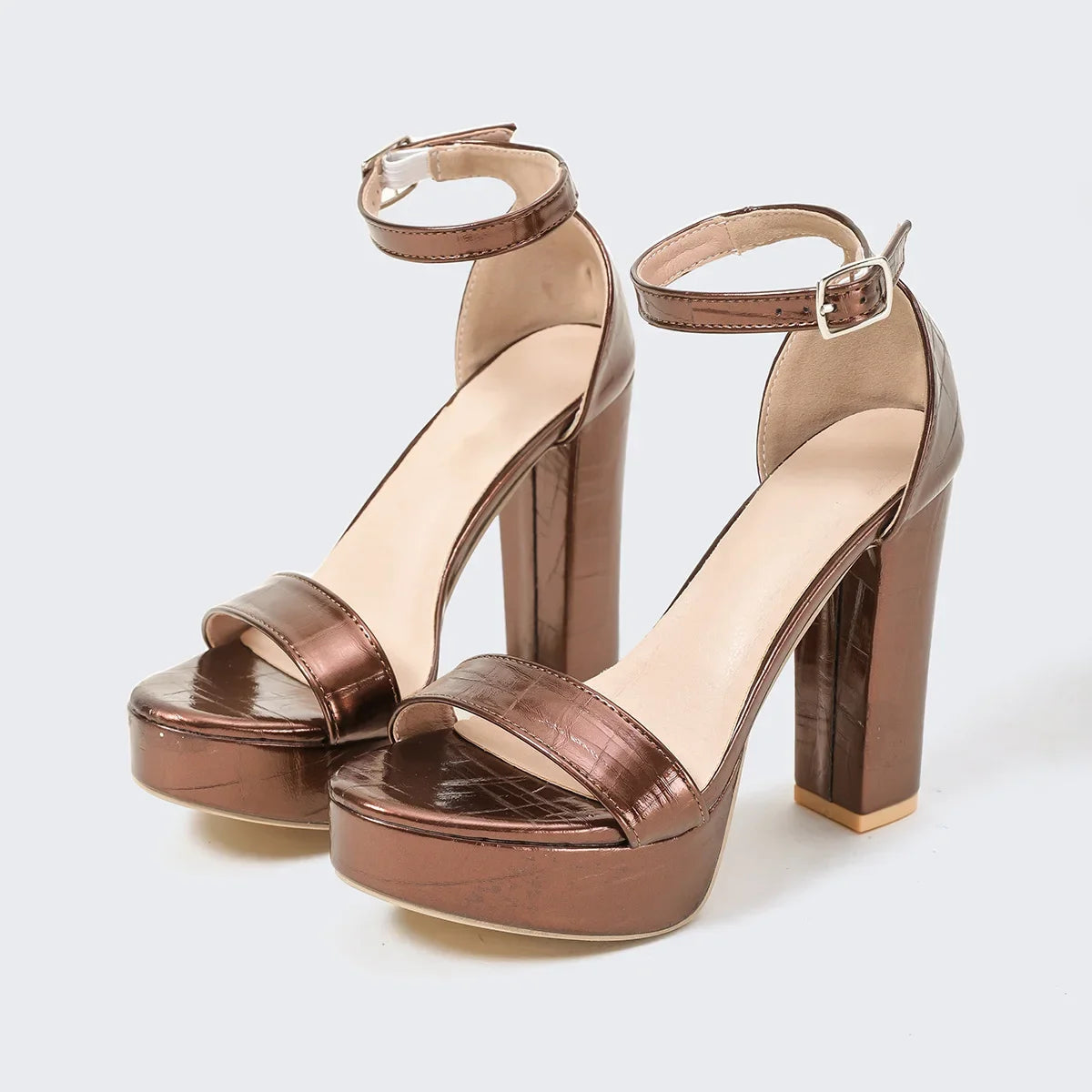 Gold Size35-42 Sandals Women's Thick Heel Square Head Buckle Waterproof Table Open Toe Hollow Word with High Heel Sandals