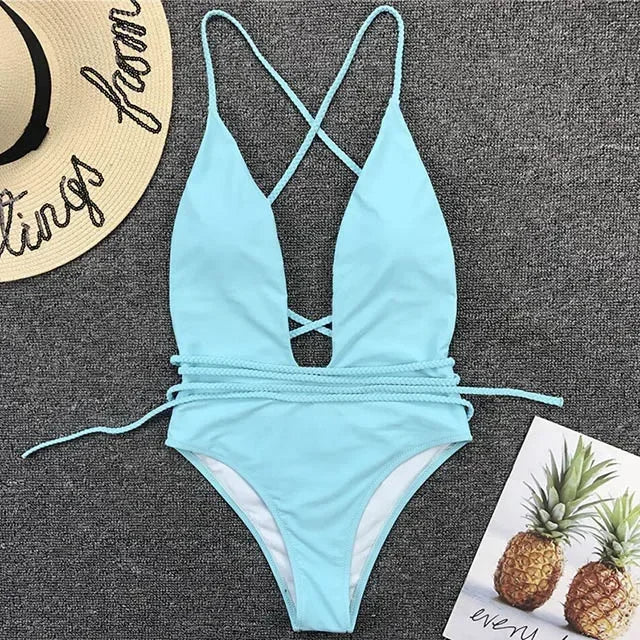New 2025 Sexy Deep V Neck Wrap Around Female Swimwear One Piece Swimsuit Women Backless Monokini High Cut Bathing Suit Swim Lady