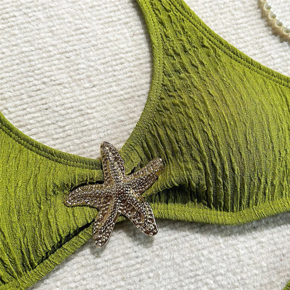 Solid Green Swimwears Metal Starfish Sexy Halter Bikinis Sets Swimsuit Woman 2026 Bathing Swimming Suit Brazilian Bikini Mujer
