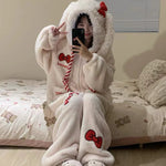 New Sweet and Cute Bow Rabbit One-piece Pajamas Women's Winter New Fleece Thickened Coral Fleece Large Size Loungewear Sleepwear