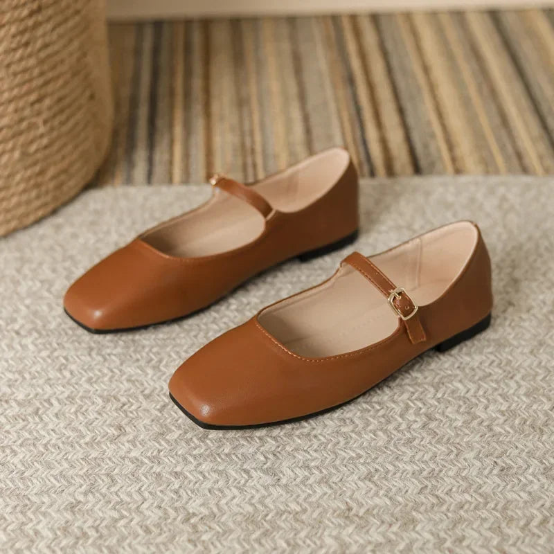 2025 Elegant Woman Square Toe Lolita Lady Barefoot Boat Gold Flats Elegant Soft Sole Ballerina Party Mary Jane Shoes