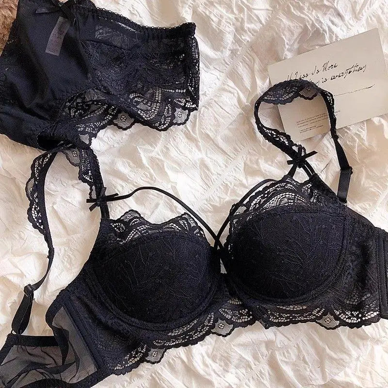 MOYISU French Pure Lace Bralette Petite Bra Set, AABB Cup with Removable Straps & Thin Push Up Pads, Soft Underwire Sexy Women's