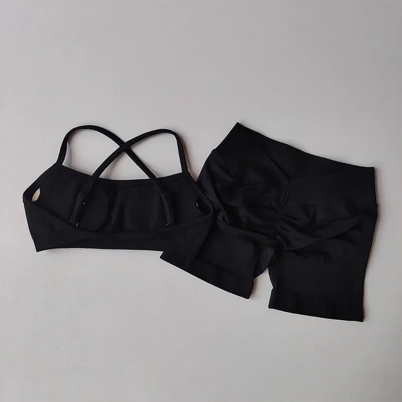 Seamless 2PCS Leggings Set Women Seamless Yoga Set High Waist Scrunch Butt Shorts With Halter Sports Bras Workout Gym Suit Set