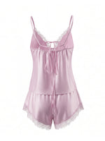 2026 Summer Women Pajama Sets Lace Trim Satin Babydoll Camisole Tops and Shorts Sets Lounge Sleepwear