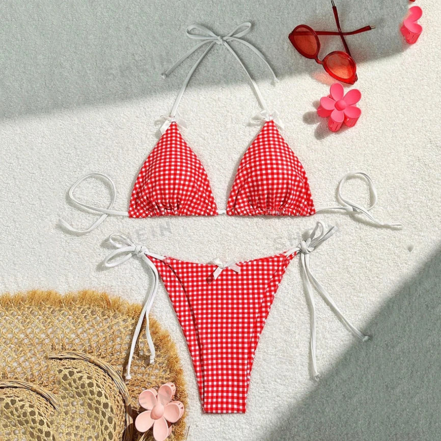 Red Plaid String Halter thong Micro Bikini for Women Mini Swimwear Lace-up Sexy Swimsuit Bathing Suit Triangle Bikinis Sets 2026
