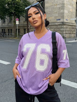 Womens Sporty Jersey Shirts Graphic Number Print Short Sleeve V Neck Loose Fit Tee Tops Summer Casual T-shirt Streetwear