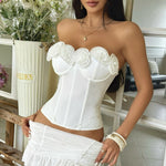Elegant 3D Flower Lace Patchwork Camisole Women Sexy White Strapless Slim Fishbone Mesh Corset Hot Girl Vacation Y2K Tank Top