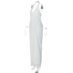 FDYOUI 2026 Summer Backless Ruched White Long Maxi Dress for Woman Elegant Sexy Halter Sleeveless Loose Evening Party Dresses