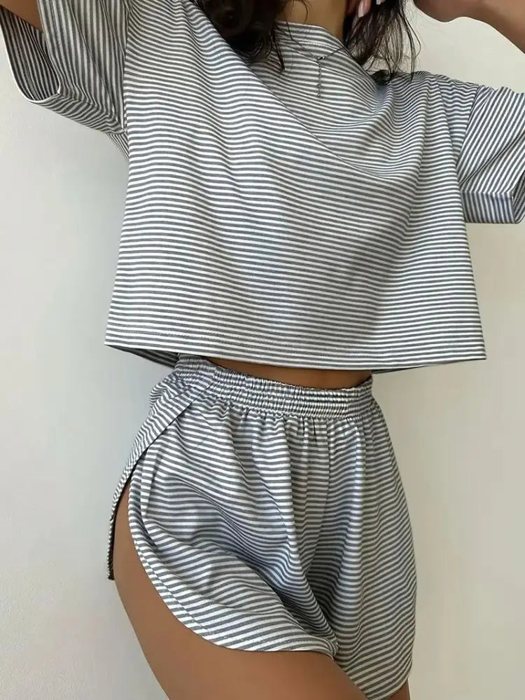 Summer Striped 2pcs Pajama Set for Women Short Sleeve Crop Top Elastic Waist Shorts Soft Loungewear Home Sleepwear