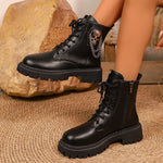 Women Round Toe Lace‑Up Combat Ankle Boots Side Zipper Metal Chain Ornament Thick Lug Sole Stylish Black Platform Short Boots