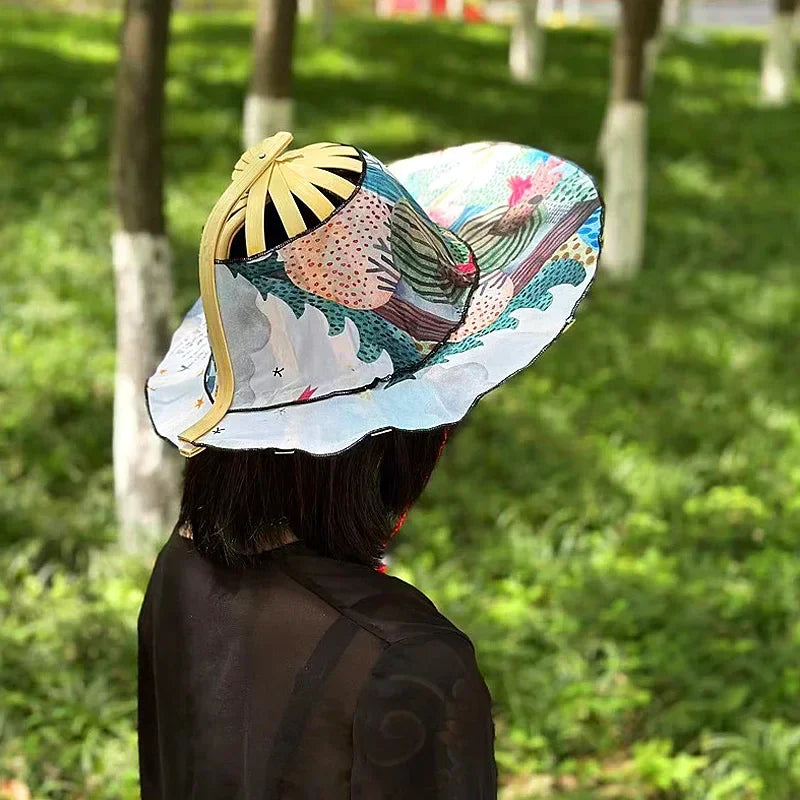 Multi-functional Travel Wide Brim Fan Sun Hats Foldable Bamboo Fan Hat Summer Sunshade Anti-squat Caps Fashion