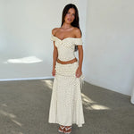 FDYOUI Woman Clothing Polka Dot Crop Tops and Lace-up Skirt Two Piece Sets Female Elegant Slash Neck Long Vacation Dresses Suit