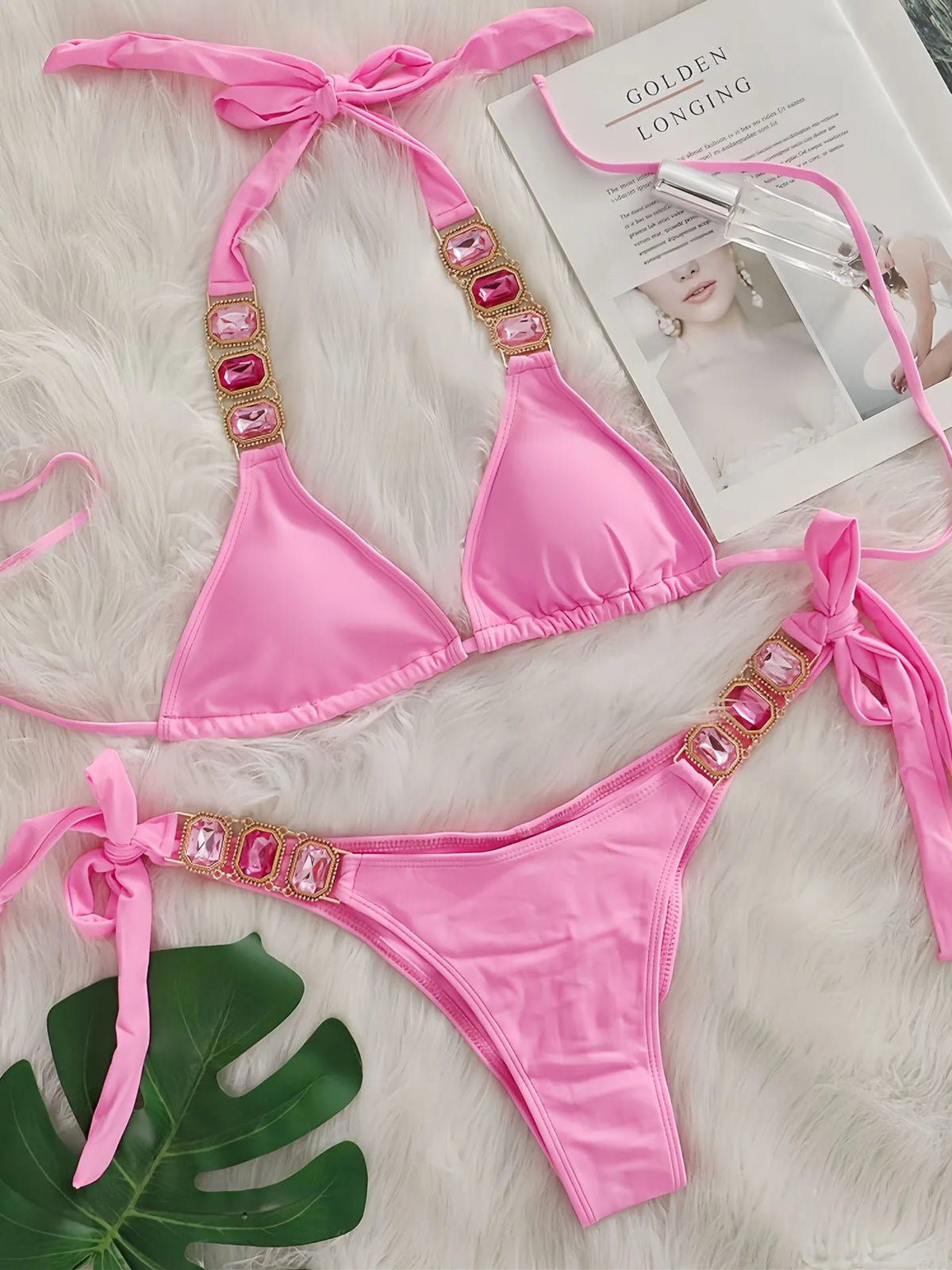Sexy Rhinestone Bikini Set Women 2026 Luxury Pink Crystal Diamond Push Up Bandage Thong Swimsuit Beach Bathing Suit Swimwear