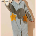 Unisex Men Women Warm Loungewear Dressing Gown Winter Thickened Coral Fleece Kimono Bathrobe with Star Pockets