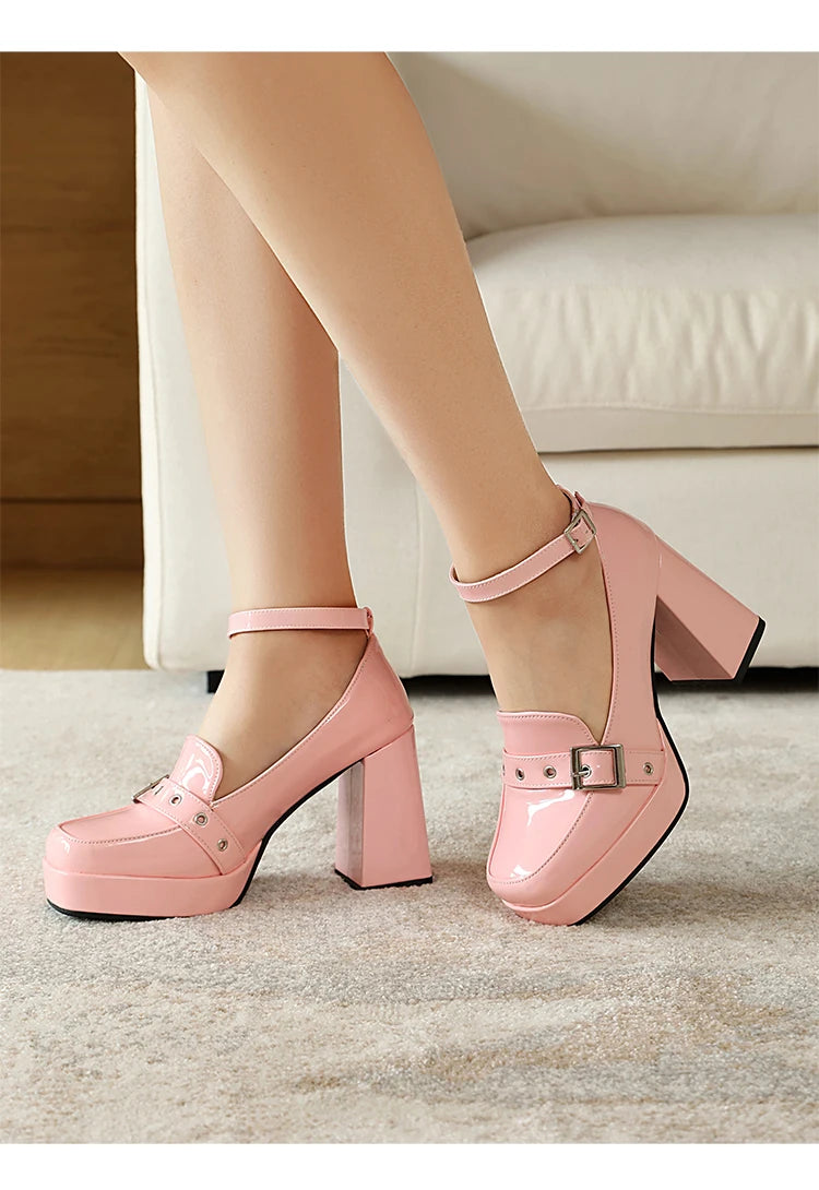Plus Size Smooth Patent Leather Instep Metal Belt Square Buckle Platform High Thick Heel Ankle Buckle Sweet Lolita High Heels