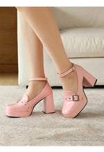 Plus Size Smooth Patent Leather Instep Metal Belt Square Buckle Platform High Thick Heel Ankle Buckle Sweet Lolita High Heels