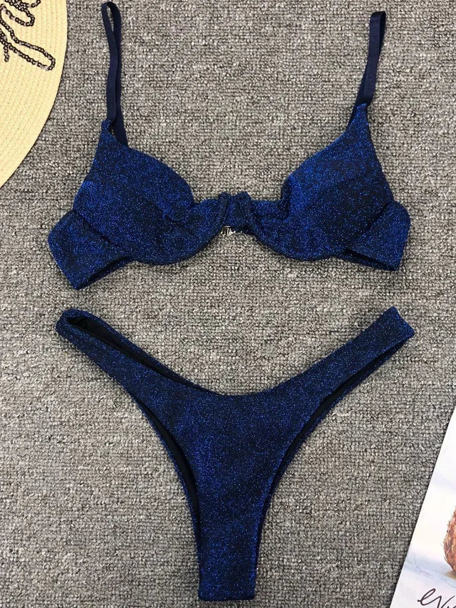 Glitter Sparkling Underwired V-Bar Bikini Women Swimsuit Female Swimwear Two-pieces Bikini Set Micro Thong Bathing Suit Swim