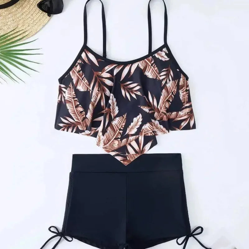 New Green Orange Ruffle Tankini Sets Swimwear High Waist Women Two Pieces Swimsuit Summer Drawstring Sporty Shorts Bathing Suits