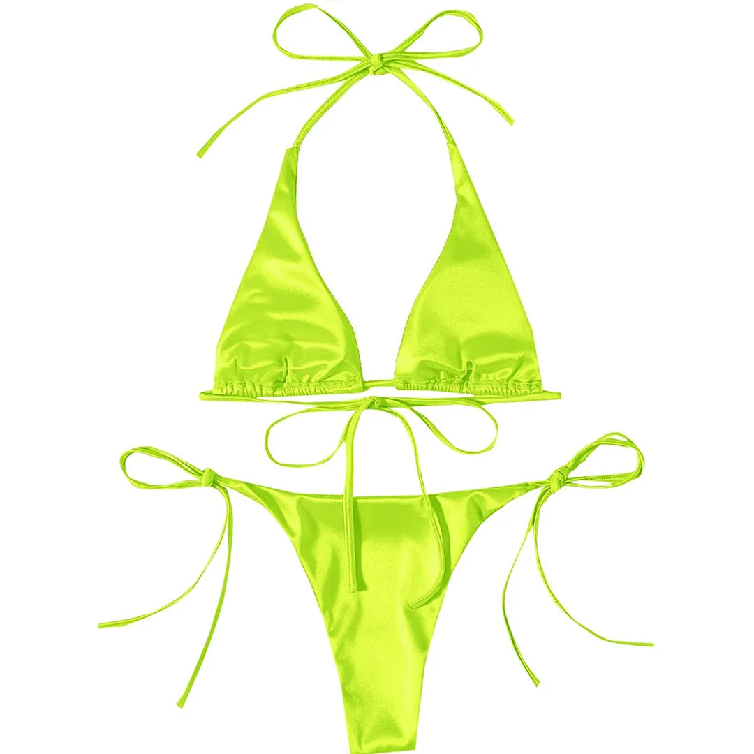 Sexy 13 Colors Halter Satin Brazilian Bikini Women Swimwear Female Swimsuit Two-pieces Bikini set Bather Bathing Suit Swim V4966