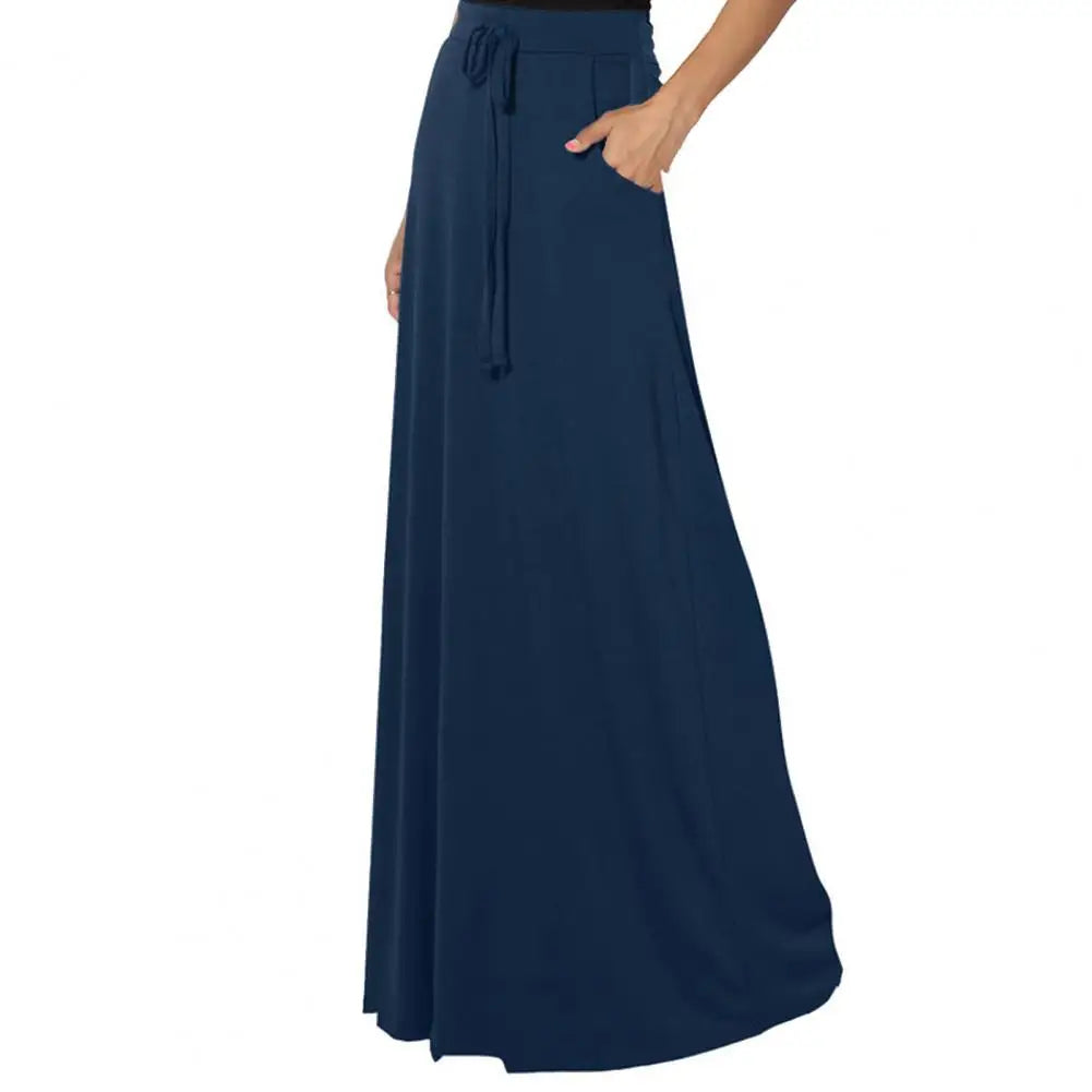 Women Maxi Skirt Adjustable Drawstring High-Waisted Solid Color Long Skirt with Pockets Casual Work Skirt Skirts for women
