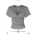 FDYOUI Women's V-neck Ruched Corset T-shirt Casual Sexy Short Sleeve Solid Crop Tops Tees 2026 Summer Female Tunics Slim T-shirt