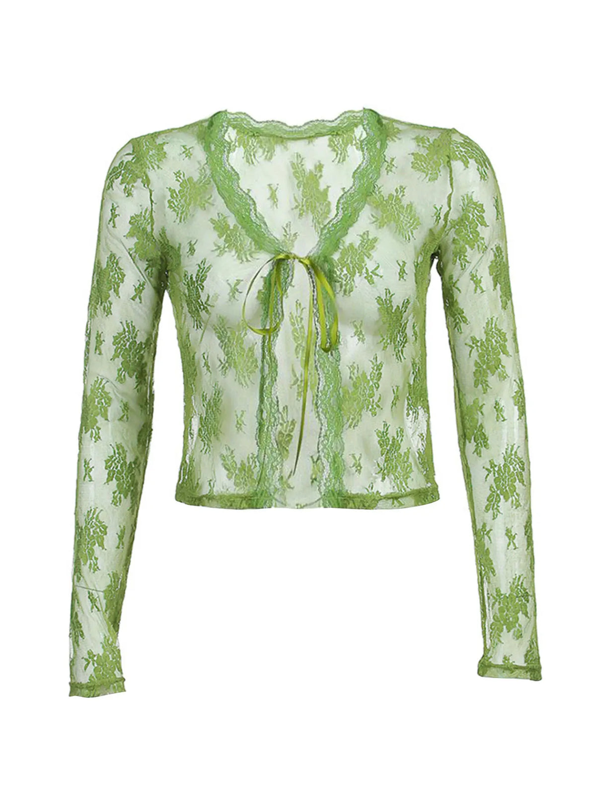Women Floral Lace Shirts Long Sleeve Front Tie-up Smock Tops Sexy Beach Tops and Blouses Female See Through Cover-ups