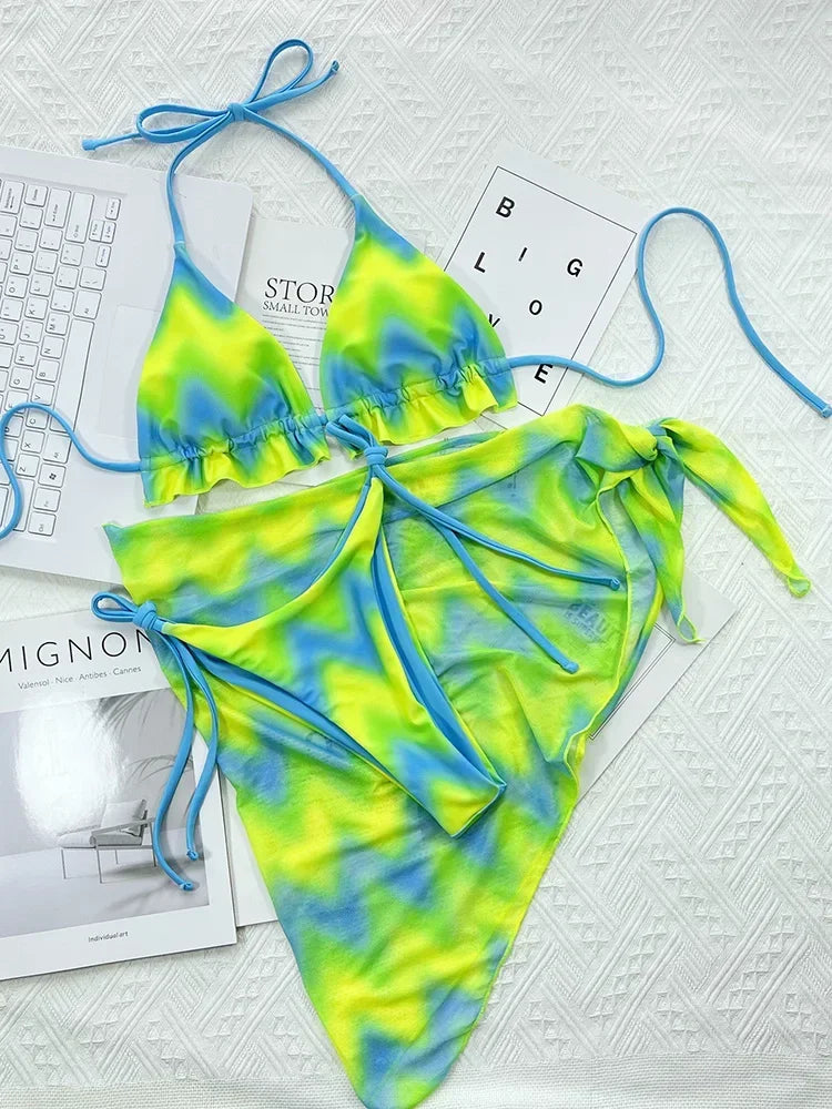 With Sarong Halter Ruffled Tie Dye Bikini Women Swimwear Female Swimsuit Three-pieces Bikini Set Bathing Suit Swim Beachwear