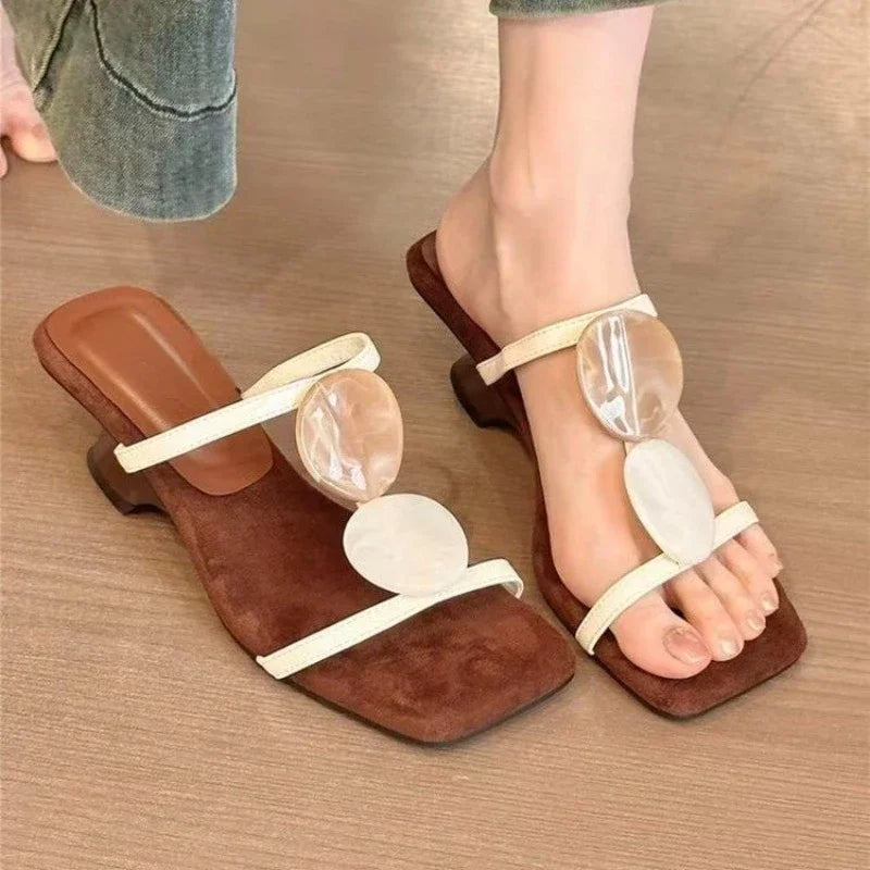 Square Toe Slippers Women High Heels Sandals Open Toe Shoes 2026 Summer Casual Beach Pumps Sexy Pumps