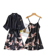 Burgundy Women Faux Silk Kimono Robe Gown Sets Sexy Print Crane Nightdress &Bathrobe Lingerie Nightgown Summer Sleepwear