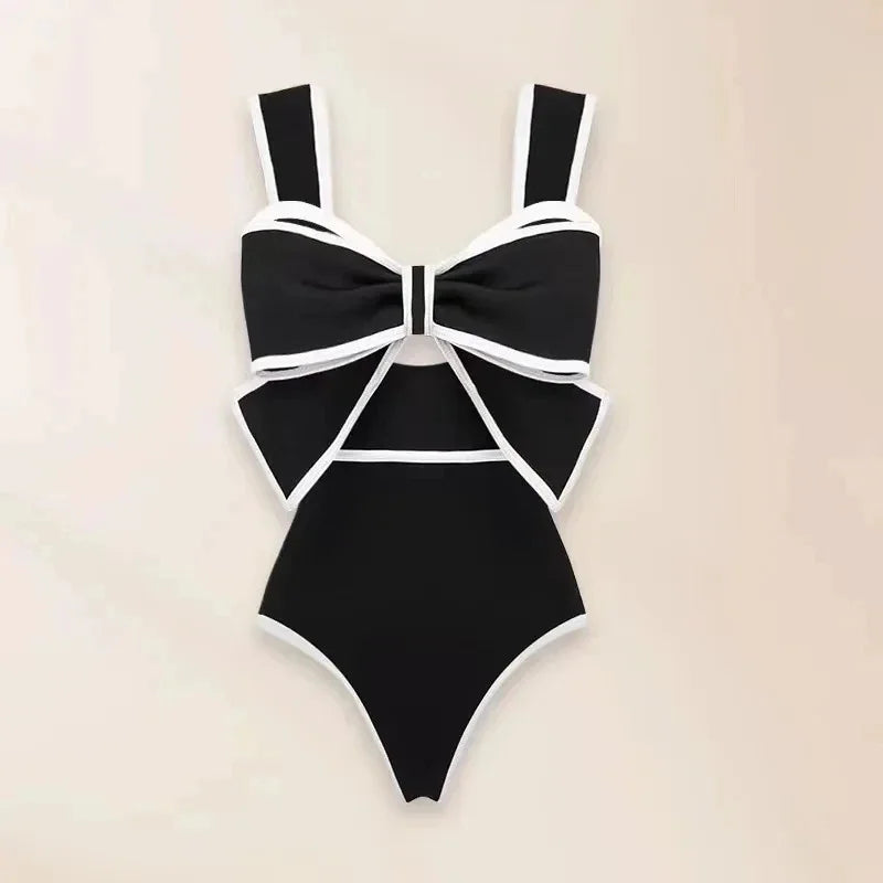 2024 Black White Retro One Piece Swimsuit Women Bow Tie Swimwear with Skirt Sexy Bathing Suit Monokini Beach Bodysuit Beach Wear