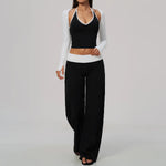 Women 2/3Piece Yoga Set Fitness Suit Gym Clothing Workout Tracksuit Sportswear Colorblock Halter Long Sleeve Top Wide Leg Pants