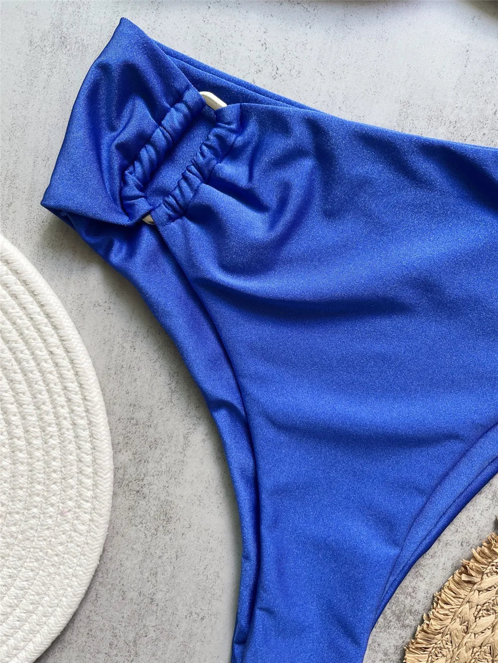 Brown Shiny U Shaped Bikini High Waist Sexy Swimsuit Women 2026 Wrinkled Solid Swimwears Bathing Suit Bandeau Bikinis Sets Mujer