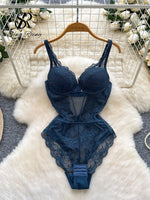 SINGREINY 2026 New Lace Lingerie Bodysuits Female Strap Hollow Out Backless Solid Underwear Floral Mesh Sexy Sheer Playsuits