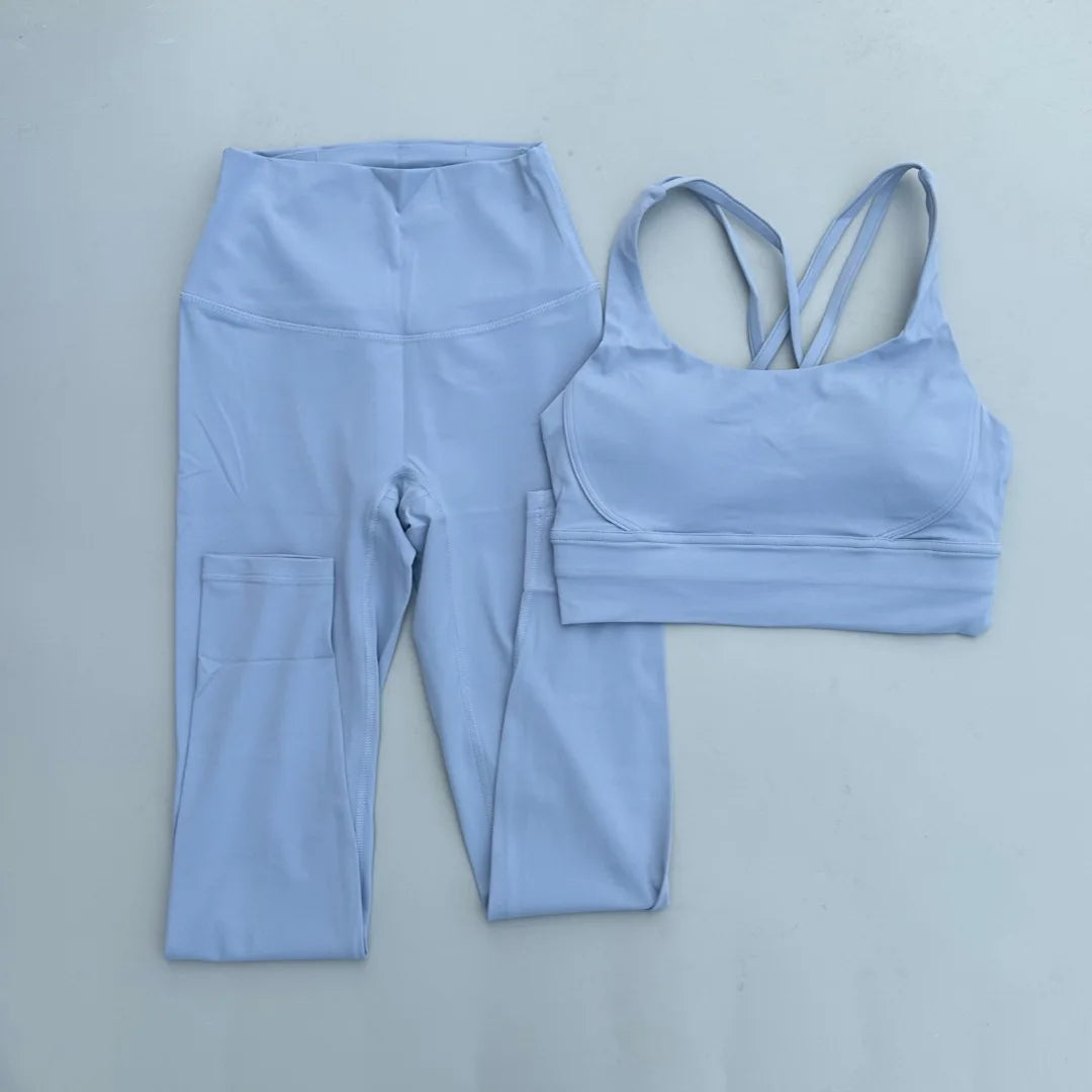 Solid Color Soft Women Gym Yoga Legging Set Cross Back Shoulder Strap Gym Yoga Bra+High Waist Sport Leggings 2pc Tight Sportwear