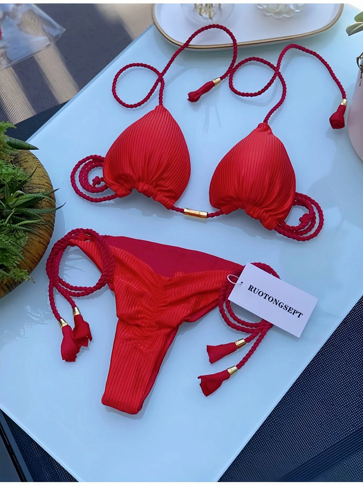 Sexy Braiding rope Bandage Solid Bikini Set Women SwimsuitPit strip fabric Triangle Swimwear Bathing Suit Brazilian Biquinis